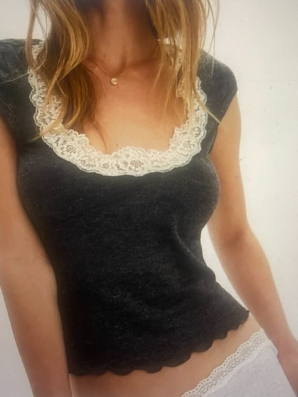 Free People Oh My Darling Tee Charcoal Heather w Lace Trim Top Size S
